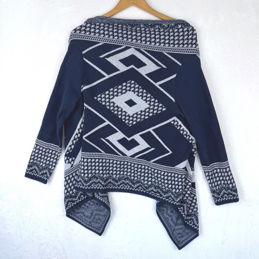 Dana Buchman Navy Blue White Geometric Cotton Open Front Cardigan Sweater Mens M
